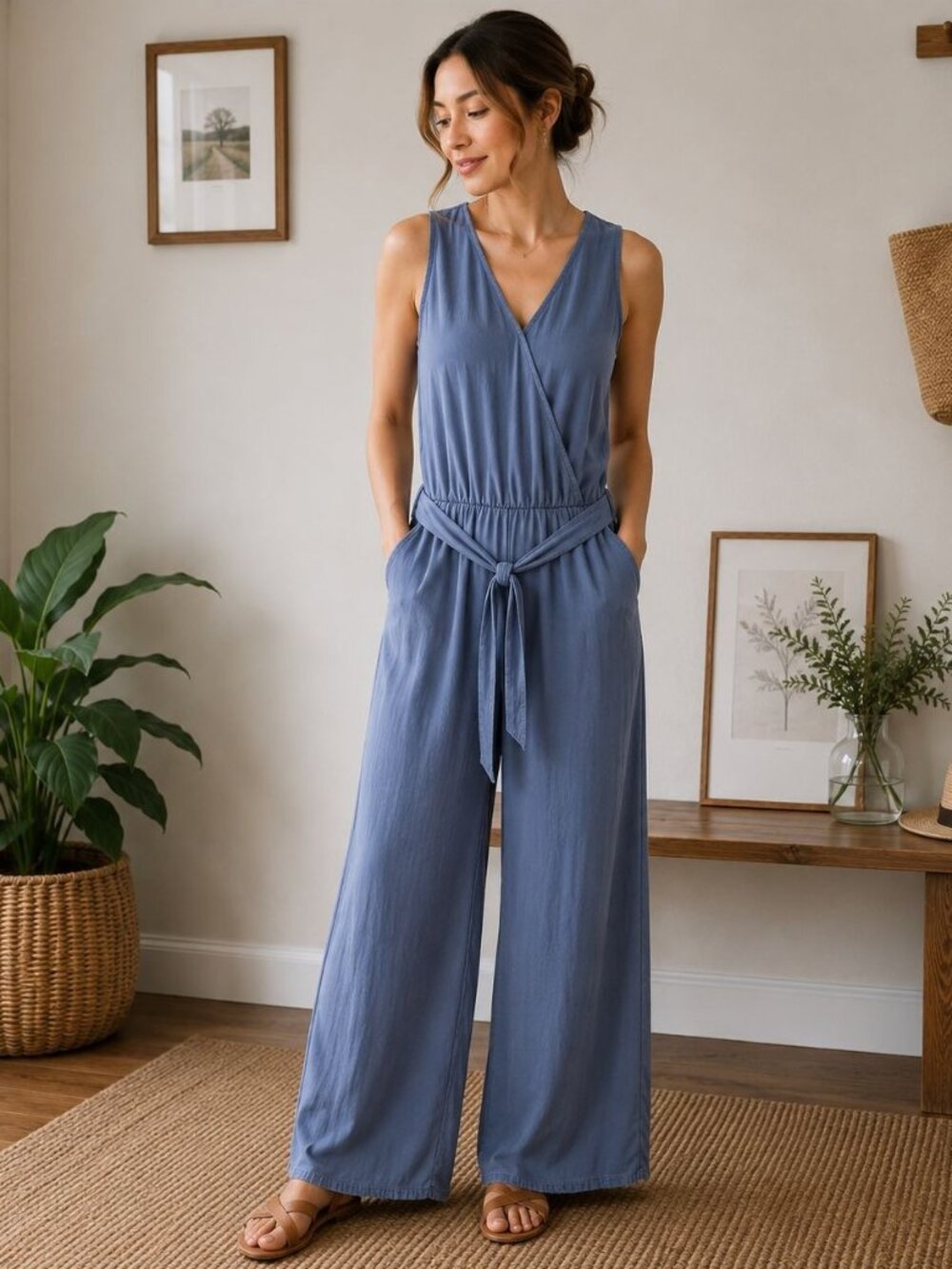 Bella Dahl Women’s Blue Chambray Sleeveless Jumpsuit Long Size M Smocked Waist